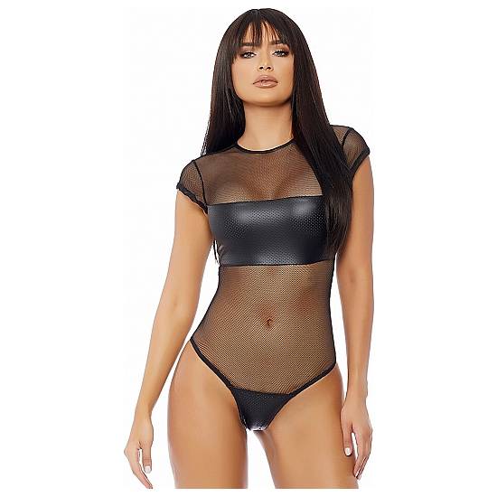 BODY DE MALLA Y CUERO NEGRO - Lenceria Sexy Femenina Bodys - Sex Shop ARTICULOS EROTICOS