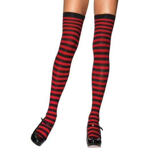 LEG AVENUE MEDIAS OPACAS A RAYAS NEGRO-ROJO - Lenceria Sexy Femenina Medias - Sex Shop ARTICULOS EROTICOS